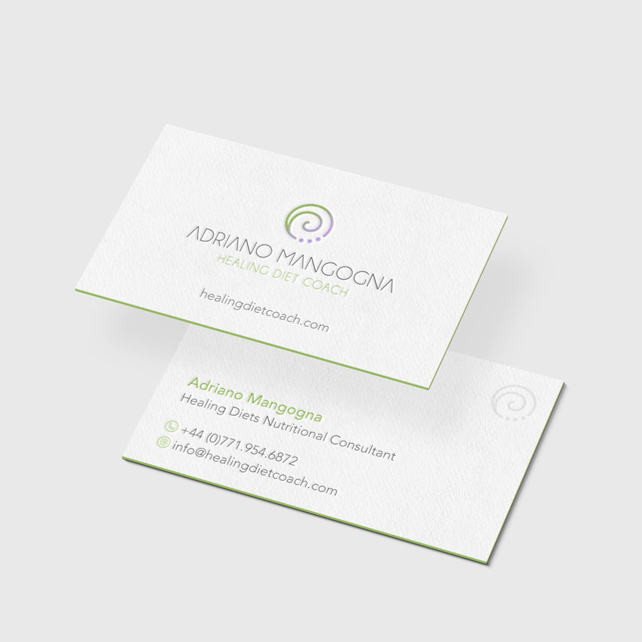Letterpress business card design for a nutritional consultant based in London